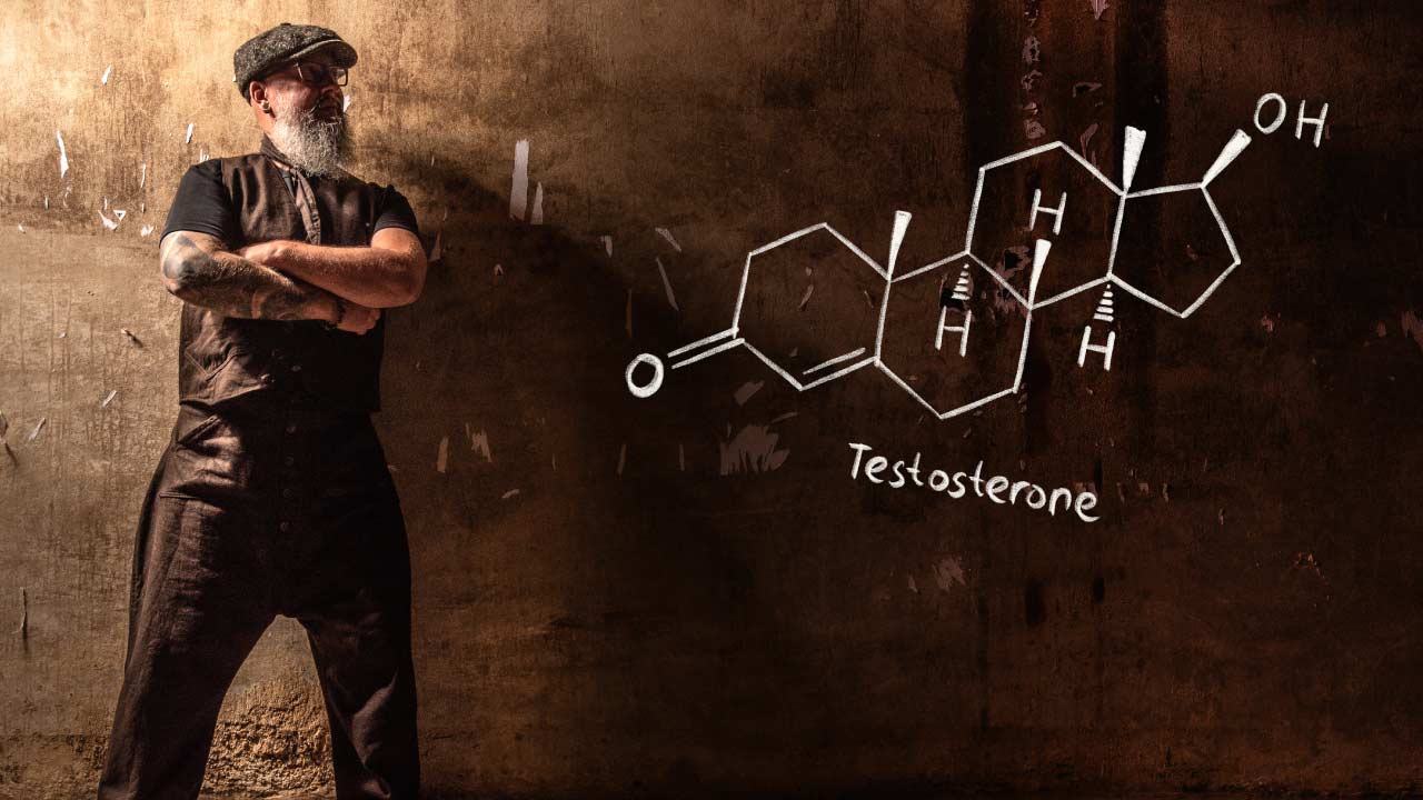 old man scientist next to testosterone formula