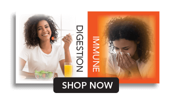 Woman eating and sneezing. Digestion and immune shop now.
