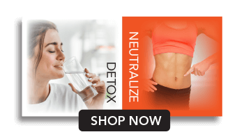 Woman drinking water and point at abs. Detox and neutralize shop now.